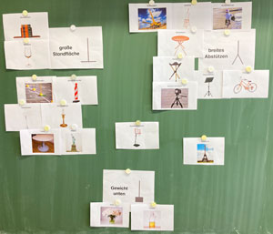 Fotos an Tafel, sortiert nach: große Standfläche, breites Abstützen, Gewicht unten.